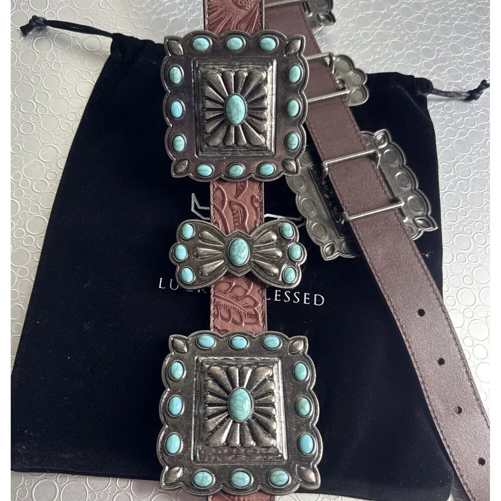 New Lucky & Blessed Turquoise Concho Tool Leather Belt - L Runs Bigger Dust Bag